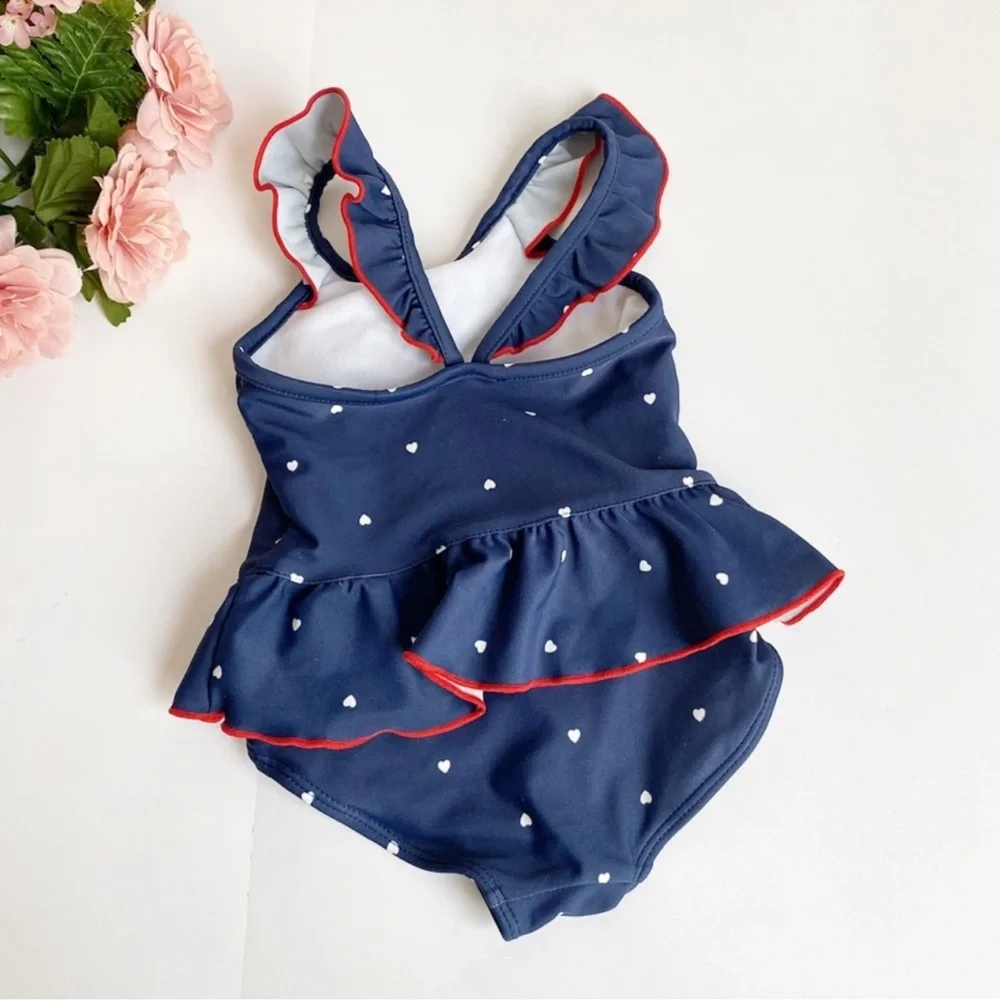 Carter's Navy Blue/ White Heart Dots Ruffle One Piece Swimsuit